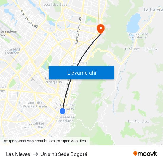 Las Nieves to Unisinú Sede Bogotá map