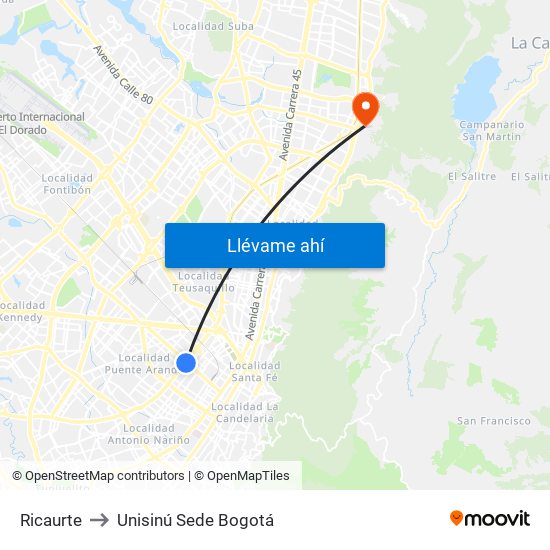 Ricaurte to Unisinú Sede Bogotá map