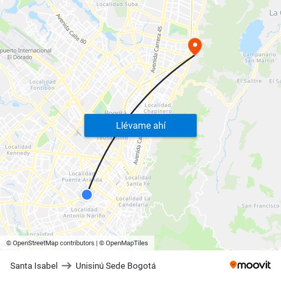 Santa Isabel to Unisinú Sede Bogotá map
