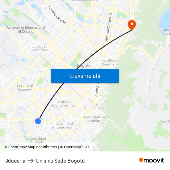 Alquería to Unisinú Sede Bogotá map