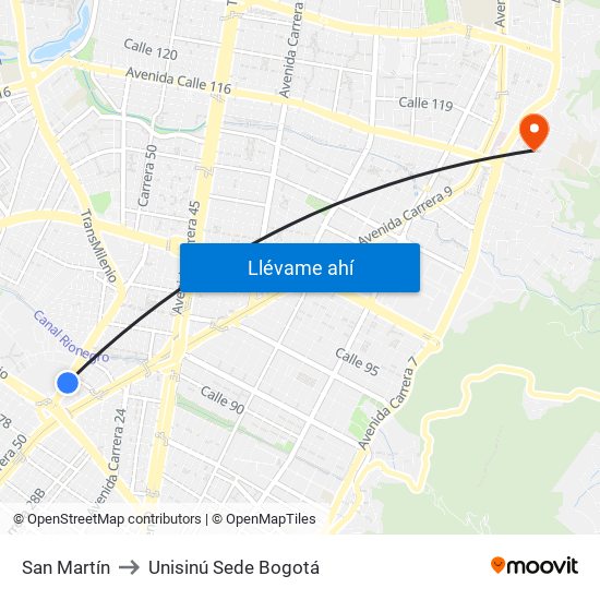 San Martín to Unisinú Sede Bogotá map