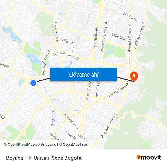 Boyacá to Unisinú Sede Bogotá map