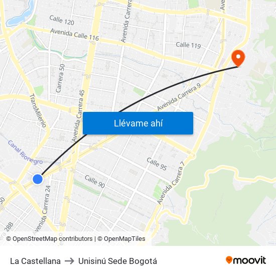 La Castellana to Unisinú Sede Bogotá map