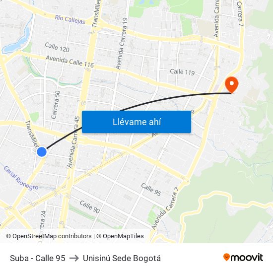 Suba - Calle 95 to Unisinú Sede Bogotá map