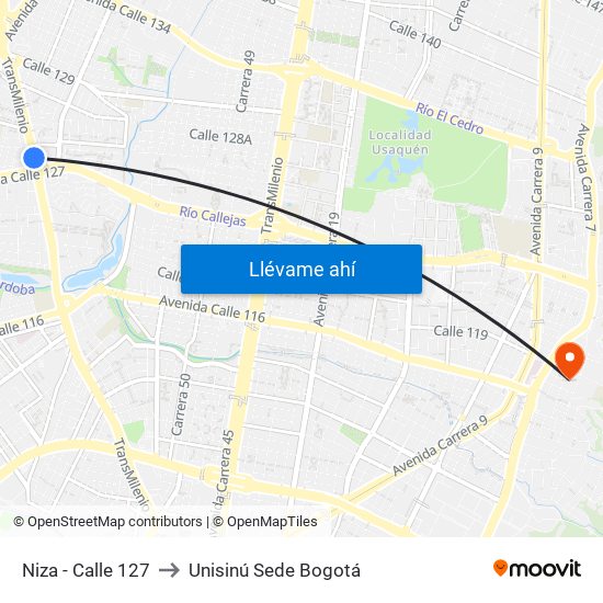 Niza - Calle 127 to Unisinú Sede Bogotá map