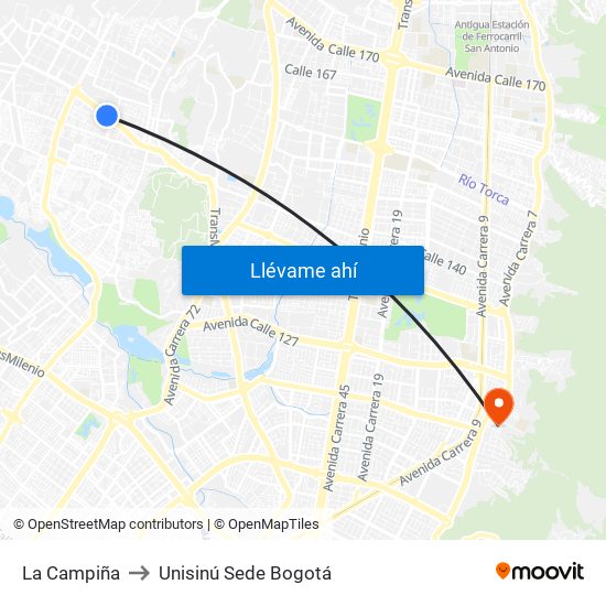 La Campiña to Unisinú Sede Bogotá map