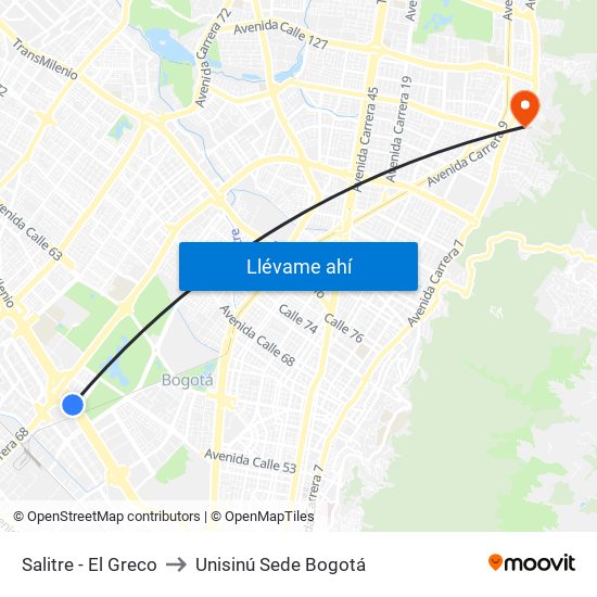 Salitre - El Greco to Unisinú Sede Bogotá map