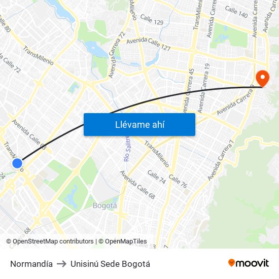 Normandía to Unisinú Sede Bogotá map