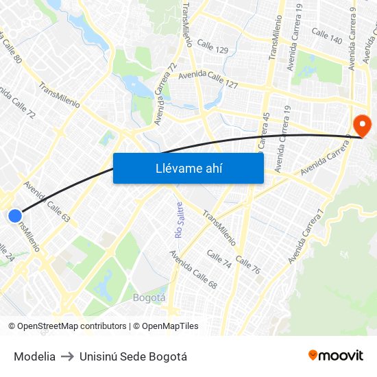 Modelia to Unisinú Sede Bogotá map
