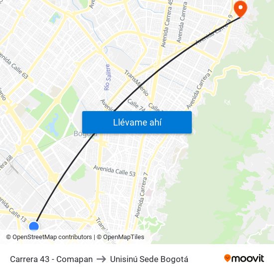 Carrera 43 - Comapan to Unisinú Sede Bogotá map