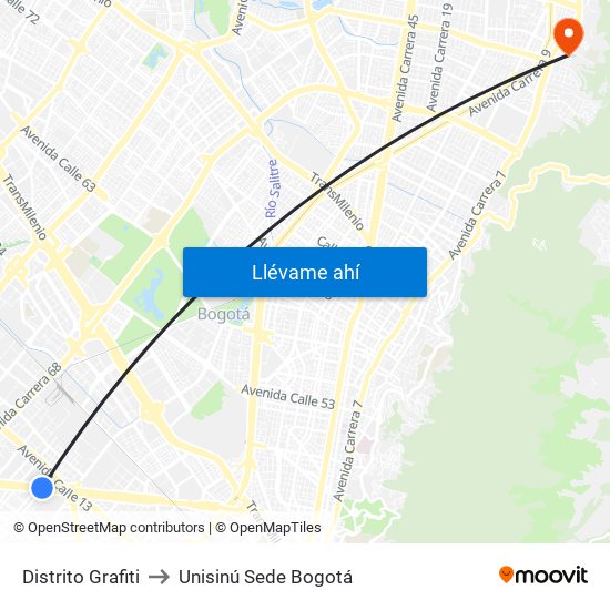 Distrito Grafiti to Unisinú Sede Bogotá map