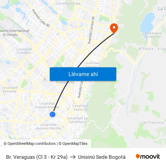 Br. Veraguas (Cl 3 - Kr 29a) to Unisinú Sede Bogotá map