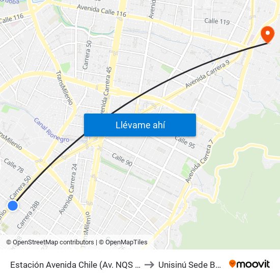 Estación Avenida Chile (Av. NQS - Cl 71c) to Unisinú Sede Bogotá map