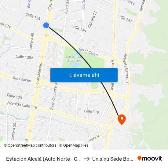 Estación Alcalá (Auto Norte - Cl 136) to Unisinú Sede Bogotá map
