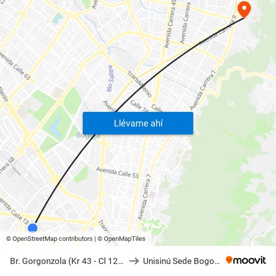 Br. Gorgonzola (Kr 43 - Cl 12b) to Unisinú Sede Bogotá map