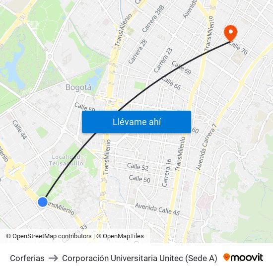 Corferias to Corporación Universitaria Unitec (Sede A) map