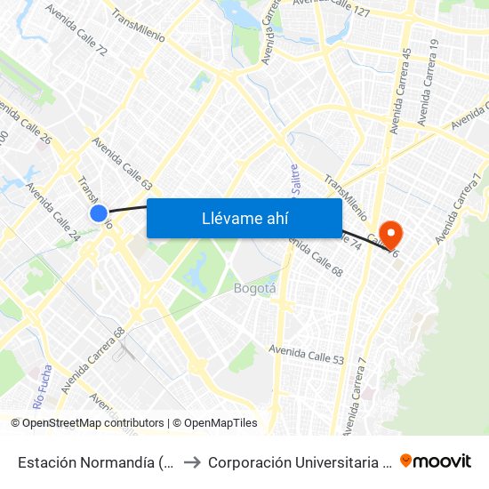 Estación Normandía (Ac 26 - Kr 74) to Corporación Universitaria Unitec (Sede A) map