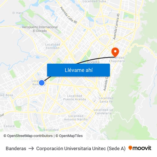 Banderas to Corporación Universitaria Unitec (Sede A) map