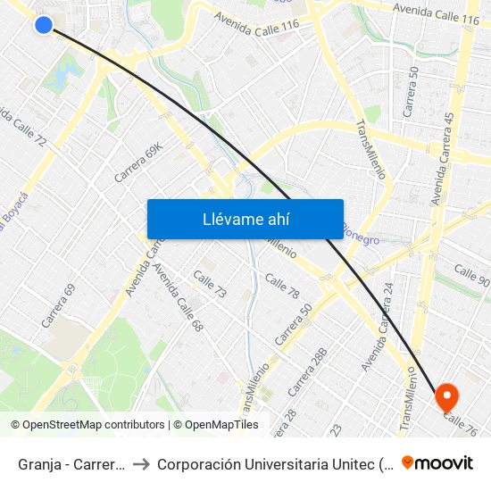 Granja - Carrera 77 to Corporación Universitaria Unitec (Sede A) map