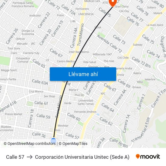 Calle 57 to Corporación Universitaria Unitec (Sede A) map