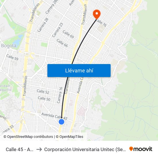 Calle 45 - Asw to Corporación Universitaria Unitec (Sede A) map