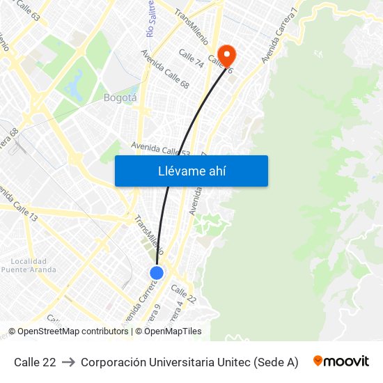 Calle 22 to Corporación Universitaria Unitec (Sede A) map