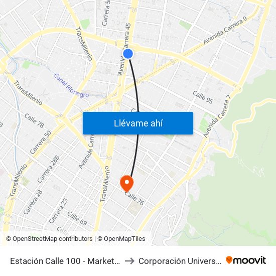 Estación Calle 100 - Marketmedios (Auto Norte - Cl 98) to Corporación Universitaria Unitec (Sede A) map