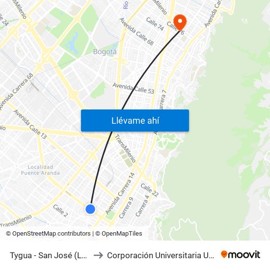 Tygua - San José (Lado Norte) to Corporación Universitaria Unitec (Sede A) map