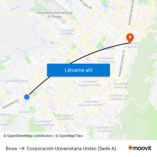 Bosa to Corporación Universitaria Unitec (Sede A) map