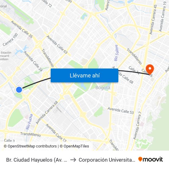 Br. Ciudad Hayuelos (Av. Centenario - Kr 78g) to Corporación Universitaria Unitec (Sede A) map