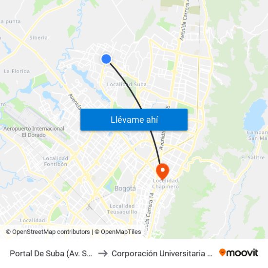 Portal De Suba (Av. Suba - Kr 106) to Corporación Universitaria Unitec (Sede A) map