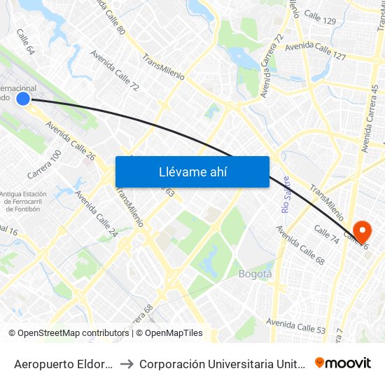 Aeropuerto Eldorado (B) to Corporación Universitaria Unitec (Sede A) map