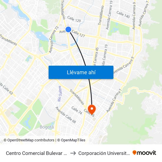 Centro Comercial Bulevar Niza (Ac 127 - Av. Suba) to Corporación Universitaria Unitec (Sede A) map