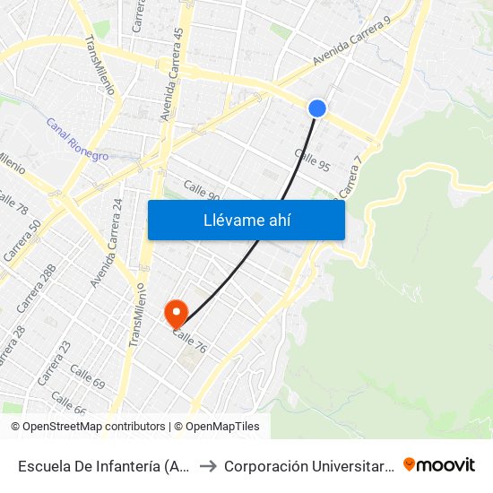 Escuela De Infantería (Ac 100 - Kr 11a) (B) to Corporación Universitaria Unitec (Sede A) map