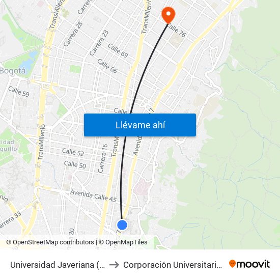 Universidad Javeriana (Ak 7 - Cl 40) (B) to Corporación Universitaria Unitec (Sede A) map