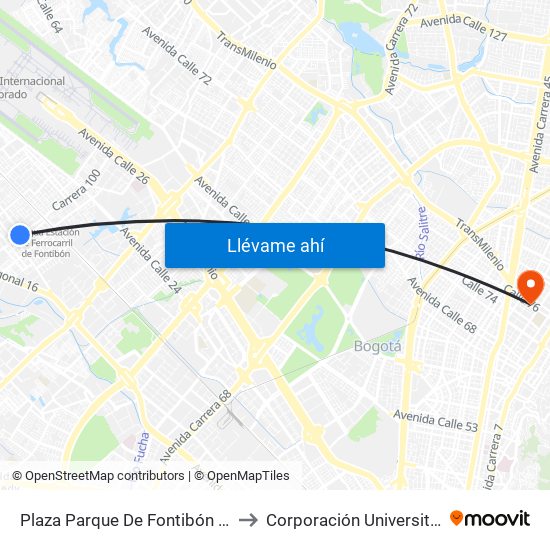 Plaza Parque De Fontibón Kr 100 (Kr 100 - Cl 17a) to Corporación Universitaria Unitec (Sede A) map