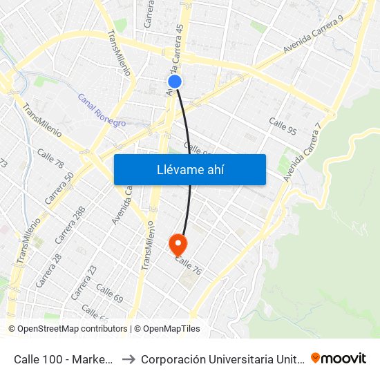 Calle 100 - Marketmedios to Corporación Universitaria Unitec (Sede A) map