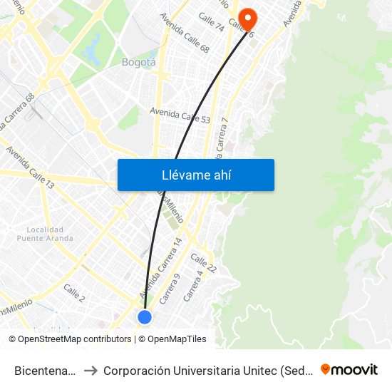 Bicentenario to Corporación Universitaria Unitec (Sede A) map