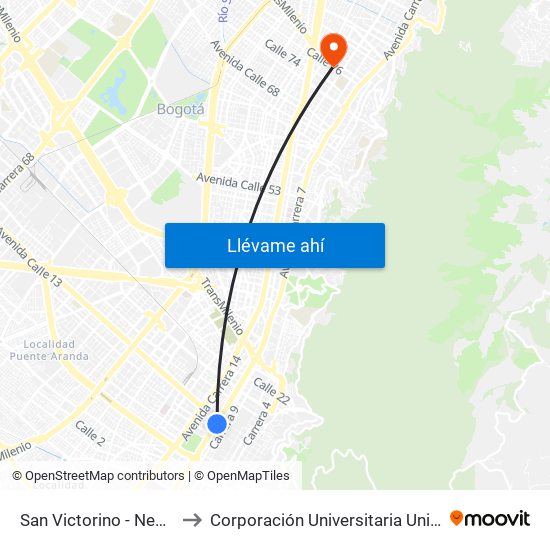 San Victorino - Neos Centro to Corporación Universitaria Unitec (Sede A) map