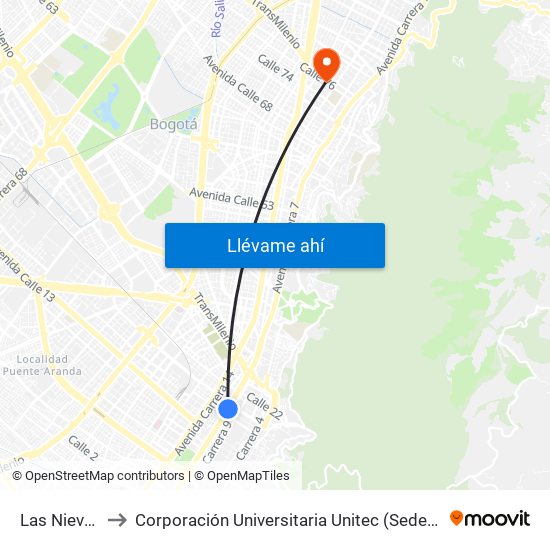 Las Nieves to Corporación Universitaria Unitec (Sede A) map