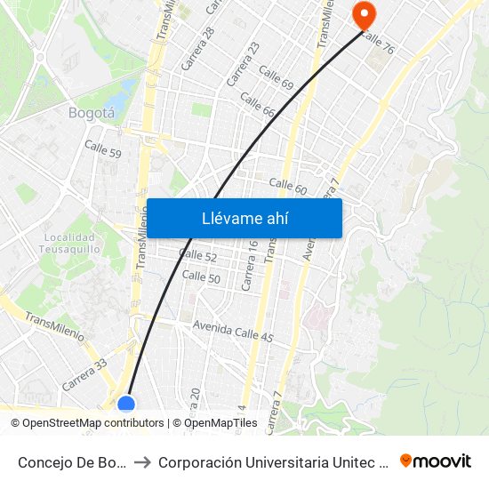 Concejo De Bogotá to Corporación Universitaria Unitec (Sede A) map