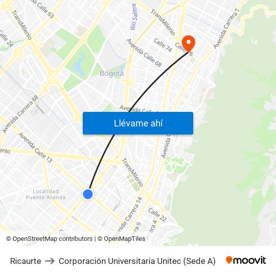 Ricaurte to Corporación Universitaria Unitec (Sede A) map