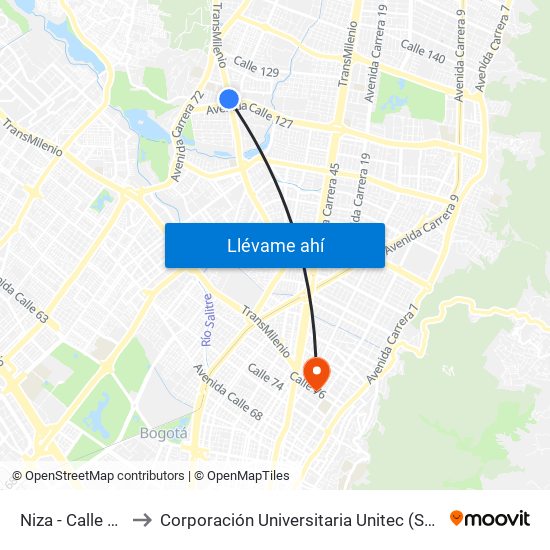 Niza - Calle 127 to Corporación Universitaria Unitec (Sede A) map