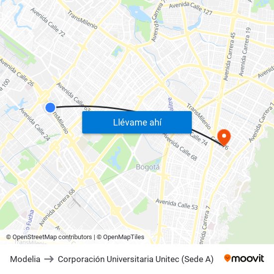 Modelia to Corporación Universitaria Unitec (Sede A) map