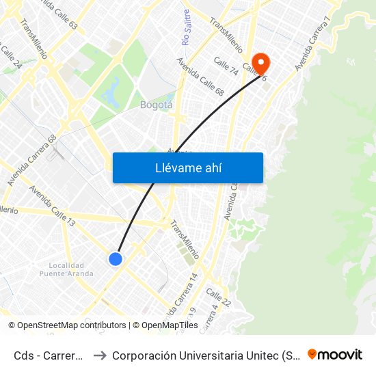 Cds - Carrera 32 to Corporación Universitaria Unitec (Sede A) map