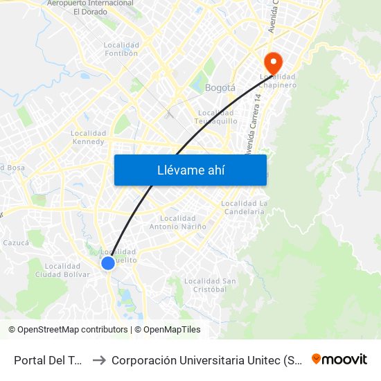 Portal Del Tunal to Corporación Universitaria Unitec (Sede A) map
