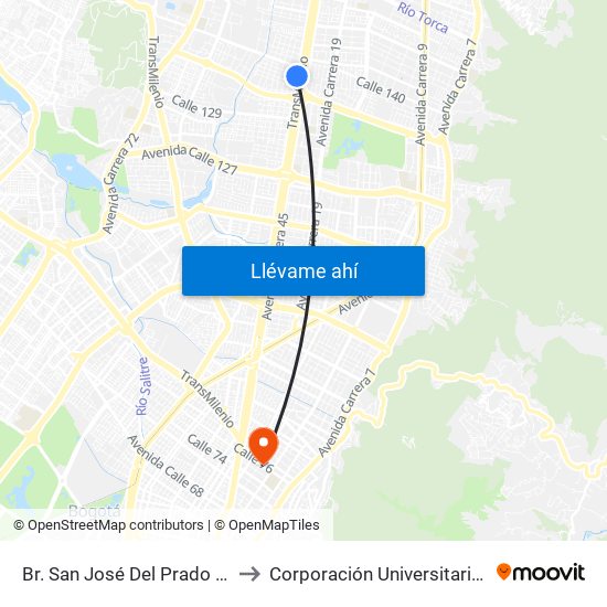 Br. San José Del Prado (Kr 45a - Cl 137) to Corporación Universitaria Unitec (Sede A) map