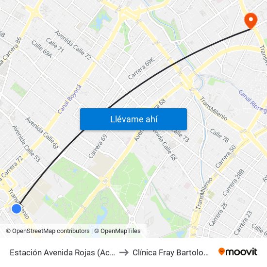 Estación Avenida Rojas (Ac 26 - Kr 69d Bis) (B) to Clínica Fray Bartolome De Las Casas map