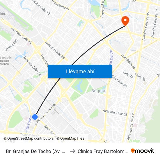 Br. Granjas De Techo (Av. Centenario - Kr 65) to Clínica Fray Bartolome De Las Casas map