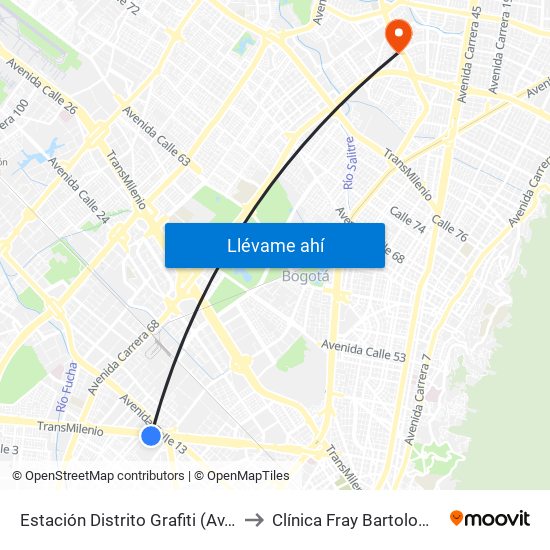 Estación Distrito Grafiti (Av. Américas - Kr 53a) to Clínica Fray Bartolome De Las Casas map